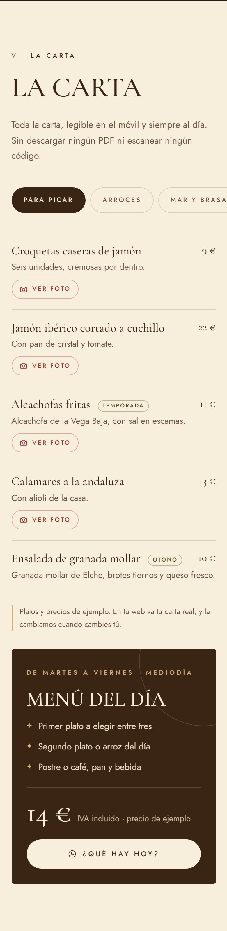Carta digital del restaurante de muestra El Sabor de Elx vista en el móvil